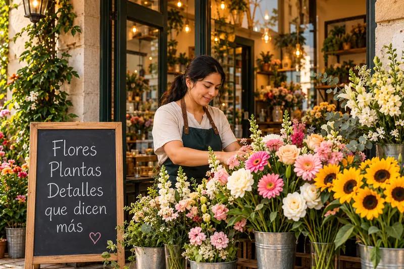 Florista acomodando un ramo en su florería